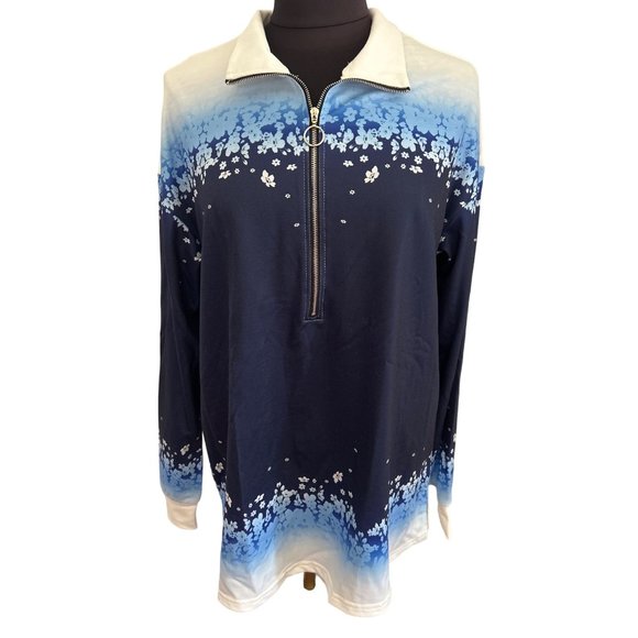 Noracora Blue & White Floral Print 1/2 Zip Long Sleeve Top, Medium - Picture 1 of 9